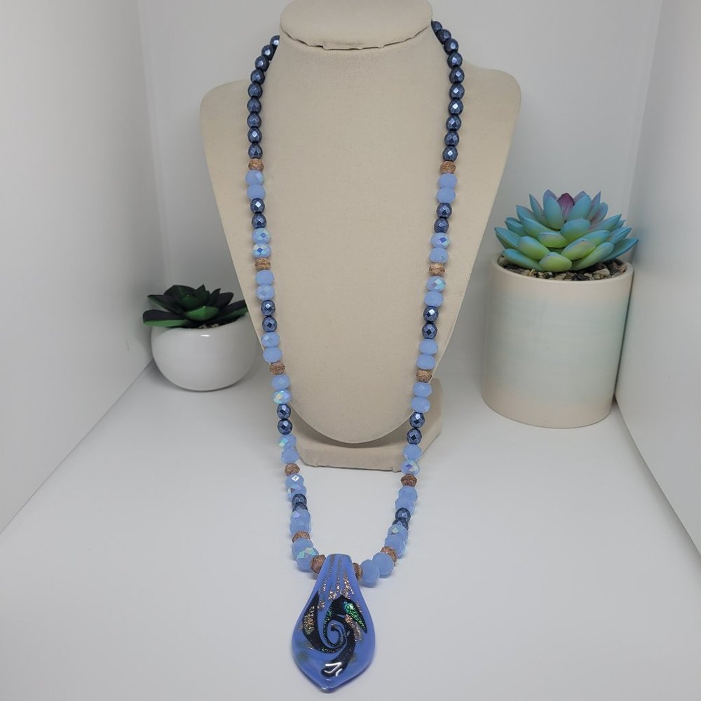 28" Czech Glass/AB Glass Blue and Wood Colored Beads with Lampwork Glass Pendant